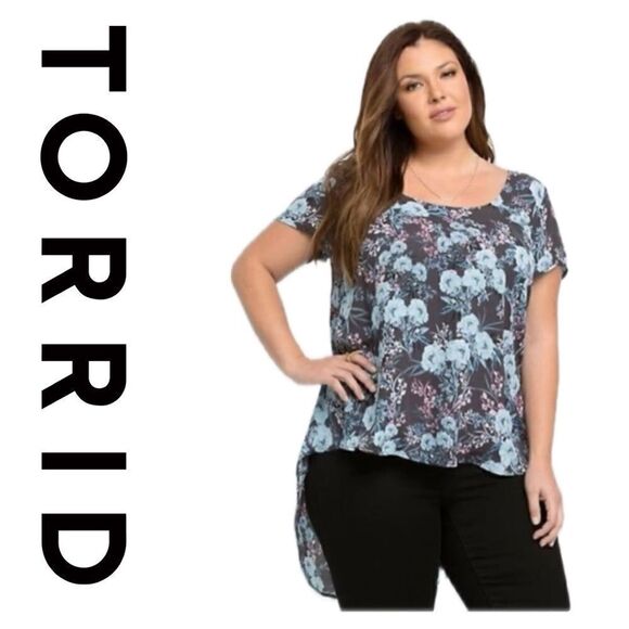 torrid Tops - NWT Torrid Hi-Low swoop neck, light blue gray floral top size 1